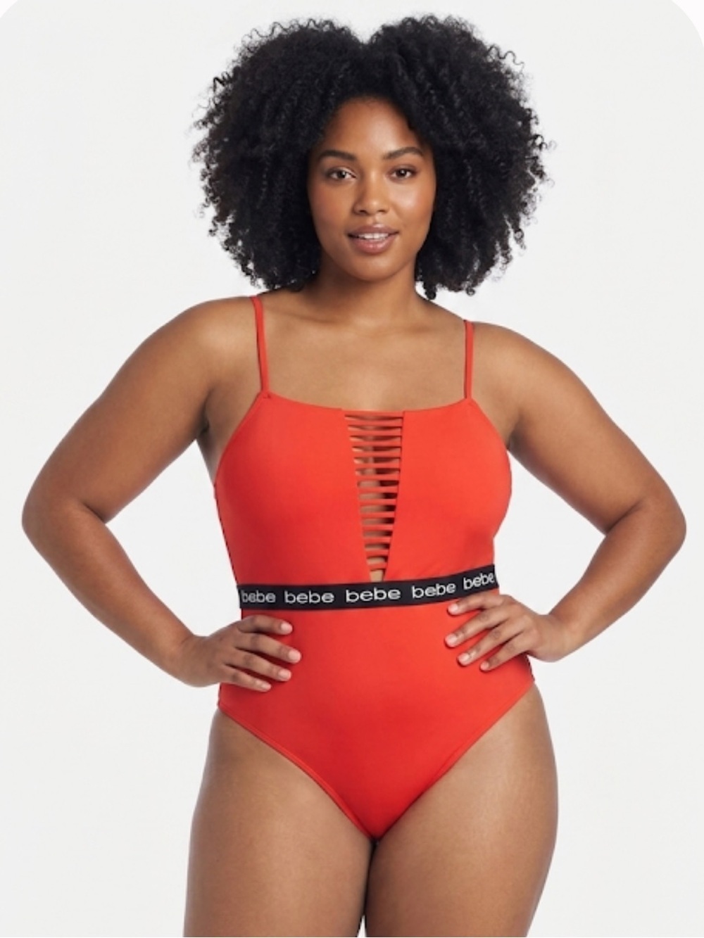 Bebe blood orange red swimsuit black band with logo size XL